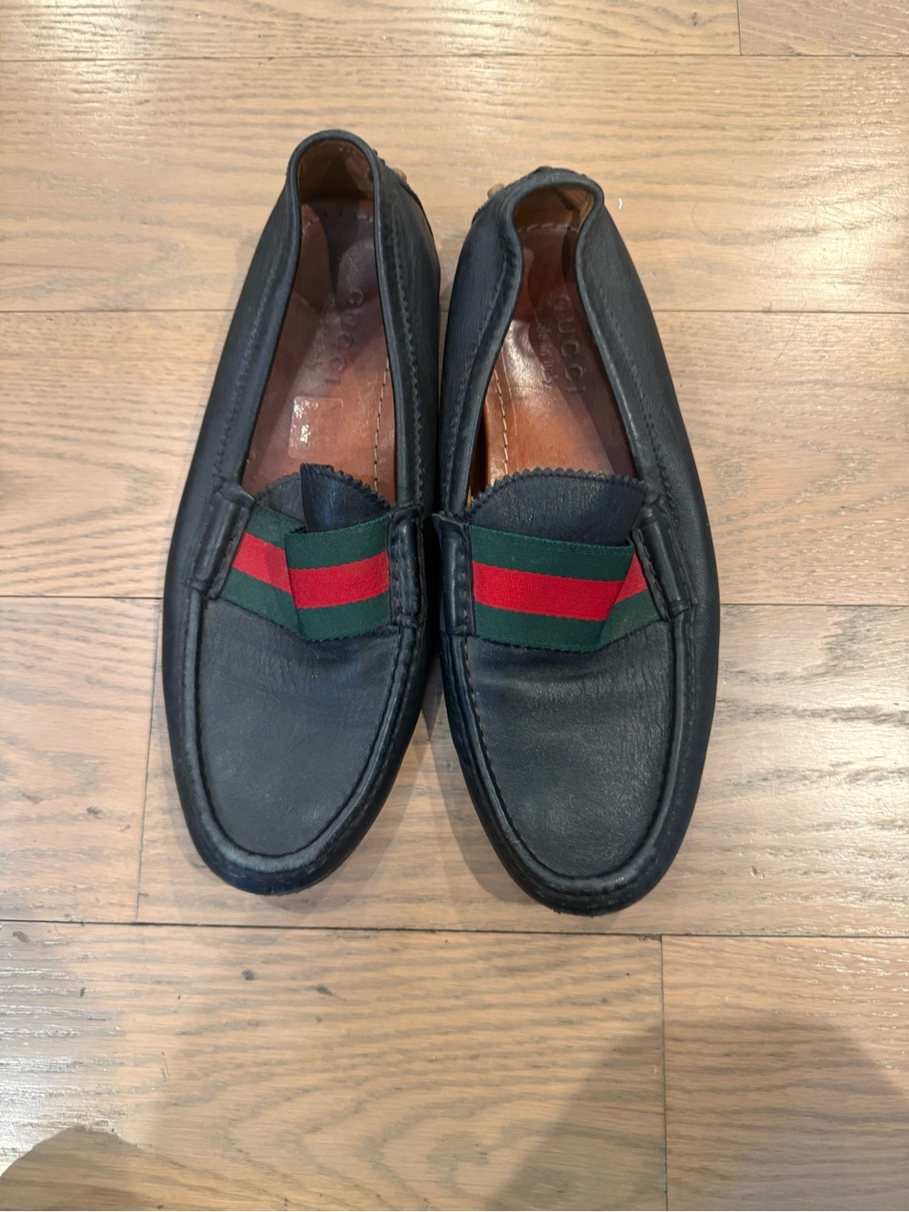 Gucci Black Leather Loafers with Red & Green Web Trim